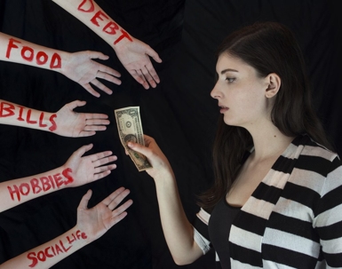 Woman handing money to different hands titles debit and bills